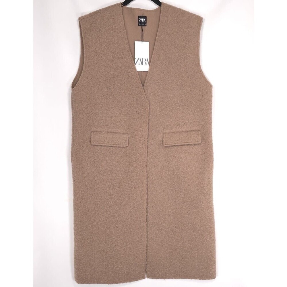 ZARA New Long Vest LARGE Bouclé Sweater Jacket Taupe Mink Brown Bloggers Fave‎